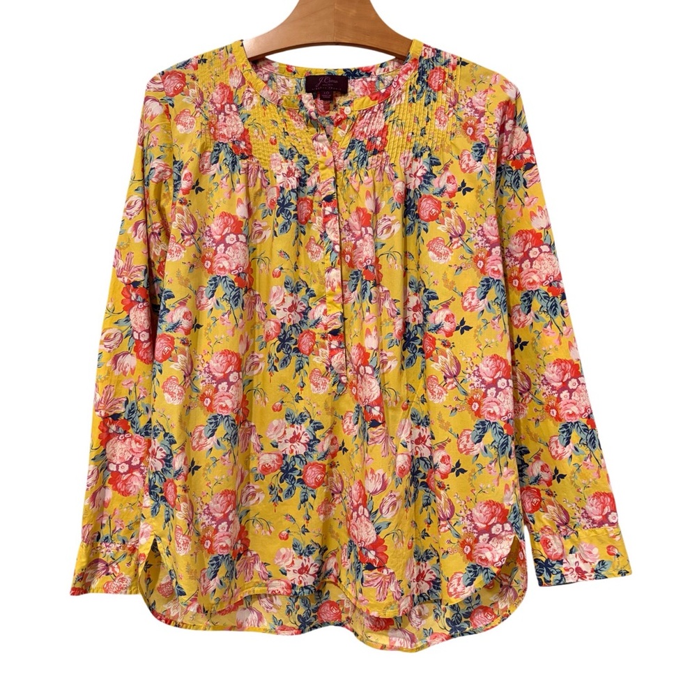 J.Crew Liberty Floral Peasant Blouse Boho Cotton Size 10 Yellow Pink